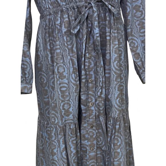 Cefinn Blue Ikat Ruffle Maxi Shirt Dress Belted Long Sleeve US 8 - Picture 5 of 9